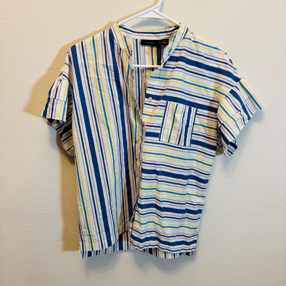 Halogen Women's Striped Collarless‎ Short Sleeve Button Up Shirt Size M